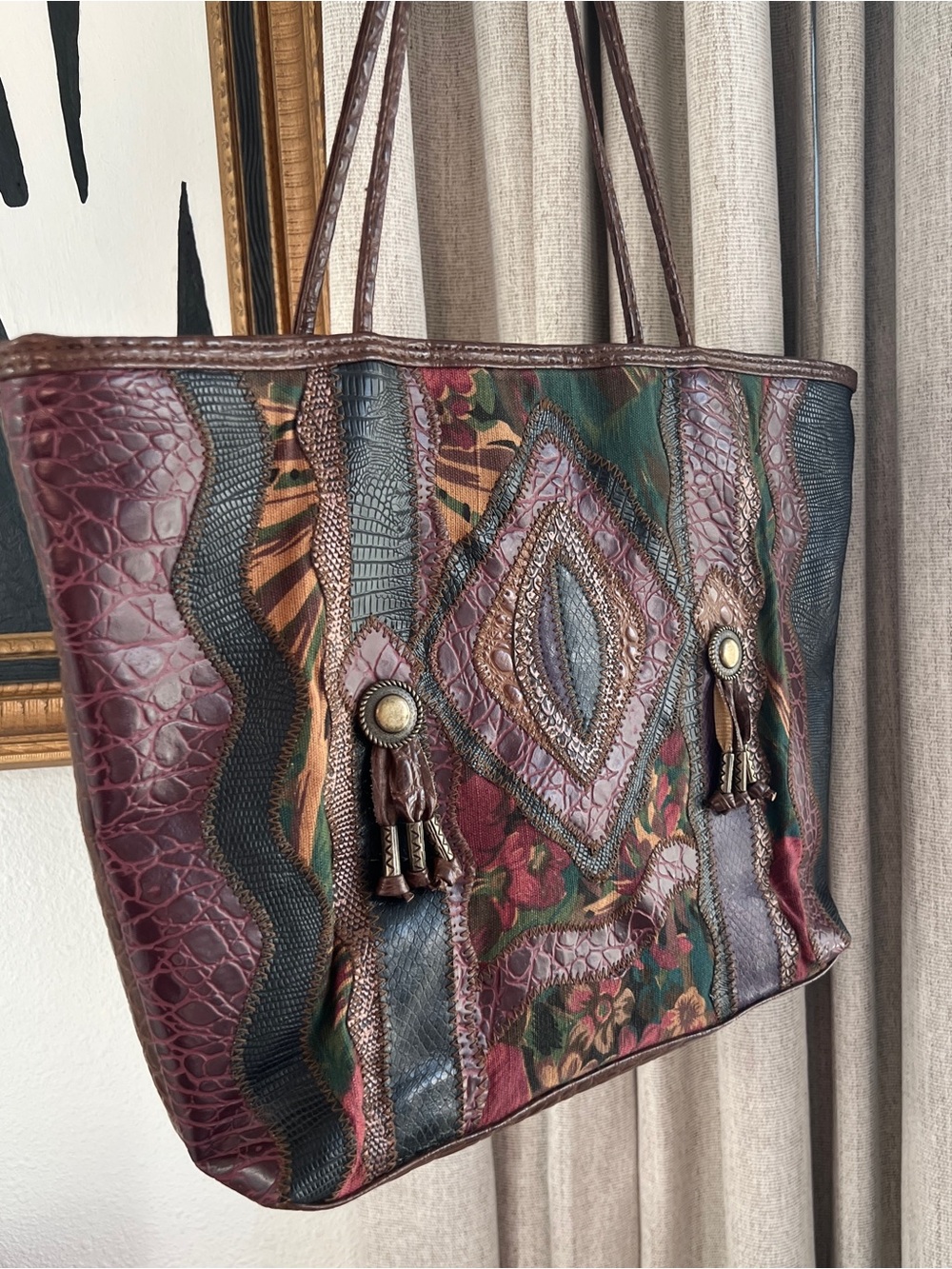Vintage JR Patchwork Tote Bag Faux Leather Reptile Floral Tapestry Boho Western
